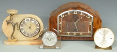 Three trained mantel clock, Art Deco figural clock, Swiza clock and a barometer