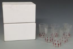 Twelve Giampolo Nason Murano drinking glasses with red decoration, in original boxes