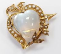 Victorian / Edwardian heart shaped brooch set with seed pearls and a large moonstone cut in a