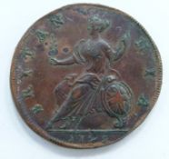 George II 1729 halfpenny, young cuirassed bust, toning and some lustre, VF