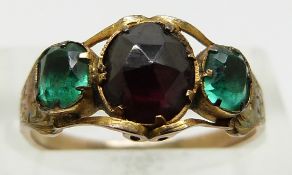 Victorian ring set with a foiled garnet and two foiled green paste stones (size N)