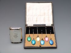 Cased set of Elizabeth II guilloché enamel backed hallmarked silver coffee bean spoons, Birmingham