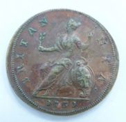 George II 1731 halfpenny, young curaissed bust, slight mis-strike, uneven border beads, near EF