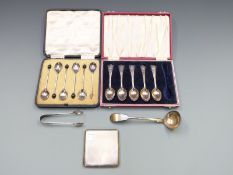 Five 1937 commemorative spoons and a hallmarked silver cigarette case, weight 149g, cased set of