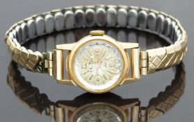MuDu 18ct gold ladies wristwatch with gold hands and markers, multi-faceted bezel and 17 jewel