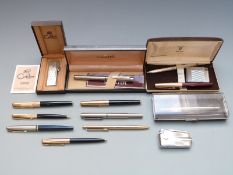 Collection of vintage pens including Parker 61, 45, 25, cased Taylorpen hallmarked silver pen,