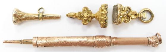 Two Victorian intaglio seals, one engraved 'beautiful and secret', a Victorian fob and a gold plated