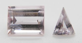 A rectangular cut morganite measuring approximately 2.7ct and a triangular cut morganite