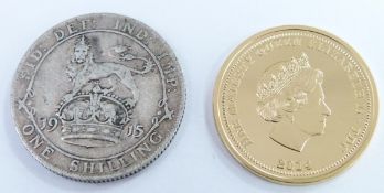 London Mint Office cased 22ct gold sovereign, lone soldier reverse, and King's Shilling First