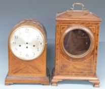 Two wooden mantel clock cases, tallest 40cm, both raised on bracket feet