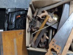 A quantity of mainly woodworking tools including planes, boxed drill, saws etc