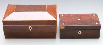 19th century mahogany sarcophagus shaped workbox with string inlay, width 26cm together with a