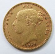 Queen Victoria 1885 gold half sovereign, young head shield reverse