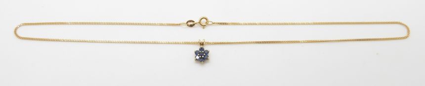 A 9ct gold pendant set with sapphires on a 9ct gold chain, 2.5g, 21.5cm drop