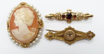 A yellow metal brooch set with a cameo within a pearl border, cameo - width 3cm x length 3.8cm,