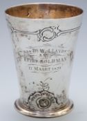 South African interest white metal presentation beaker presented by Van Der W.J. Leyds and dated
