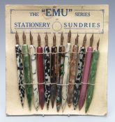 The EMU Series of Stationery Sundries advertising shop pen display with twelve pens mounted on card,