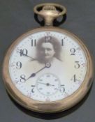 Sangamo gold plated keyless winding open faced pocket watch with inset subsidiary seconds dial,