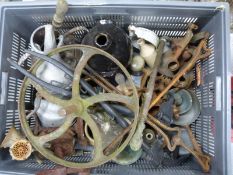 A quantity of garden ornaments and metalware including copper vessel, mincers, lamp top etc