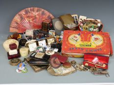 Box of collectables including vintage Royal Ediswan party lights, sewing items, tin of buttons,