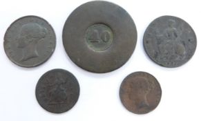 George I 1721 'I over O' farthing together with a 1771 George III halfpenny, both VF, Victorian