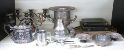 Plated and metal ware including Campana shaped wine bucket height 22cm, Victorian teapot, pair of