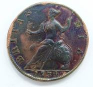 George II 1734 halfpenny, young curaissed bust, some lustre and toning, VF-EF