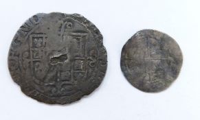 Charles I Parliament shilling together with an Elizabeth I penny, both poor fine