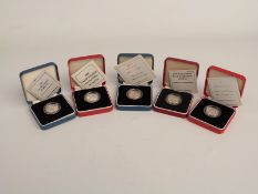 Five cased silver proof piedfort £1 coins including 1989, 1995, 1999, 2004 Forth Road Bridge and