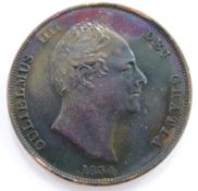 William IV 1834 copper penny, bare head obverse, Britannia reverse, plain edge, EF+ - near unc, some