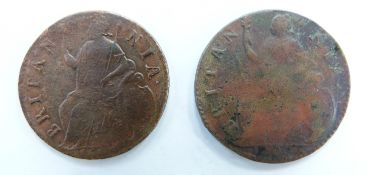 William III 1697 and 1690/99 halfpennies, both obverses VF, some lustre and toning