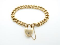 An 18ct gold curb link bracelet with heart padlock clasp, 25g