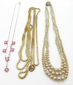 Victorian guard chain, a silver necklace and a faux pearl three strand necklace