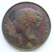 Queen Victoria 1851 copper penny, OT, medium distance colon after DEF, unc, some lustre
