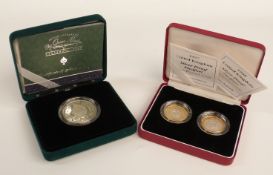 A Queen Mother silver piedfort centenary crown and a pair of silver piedfort £2 coins comprising
