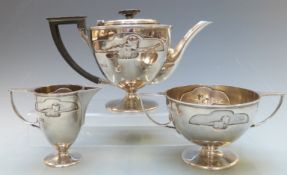 Kate Harris Art Nouveau hallmarked silver three piece teaset, with inset panels of stylised ladies