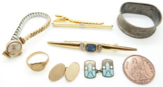 A 9ct gold signet ring, 9ct gold cufflink (7.6g), 9ct gold watch, silver napkin ring etc