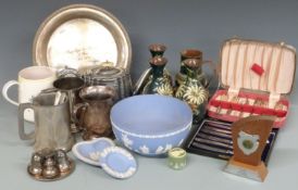 Devon pottery vases, Wedgwood Jasperware, silver handled butter knives, plated ware etc