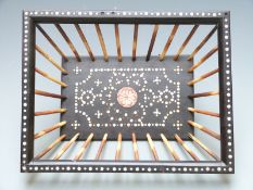 Ebony and porcupine quill basket with inlaid decoration, length 26cm