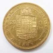 1877 Hungarian 20 franc gold coin