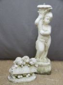 Garden figure or base, height 82cm together with a welcome sign held by three dogs