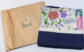 Gucci silk scarf with floral, foliate and insect decoration by V Accornero, in original packet