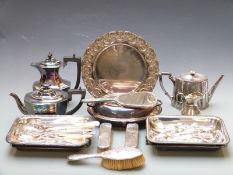 A quantity of silver plate including teapots, serving dishes, cutlery and three hallmarked silver