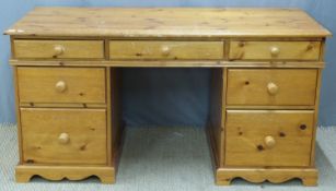 Pine twin pedestal desk with three drawers to top and two to each side, W150 x D 68 x H79cm