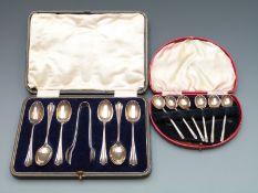 Two sets of hallmarked silver spoons in cases, one Art Deco coffee bean spoons Sheffield 1937