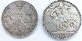 Queen Victoria 1888 Jubilee head crown together with an 1887 double florin