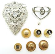 Art Nouveau brooch set with paste and a pearl, a clip set with paste and studs including a 9ct