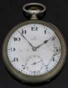 Omega keyless winding open faced pocket watch with inset subsidiary seconds dial, blued hands, black