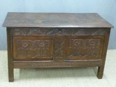 Antique oak coffer with carved panneled front, W125 x D59 x H72cm