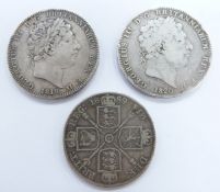 Two George III crowns 1819 and 1820, together with a Queen Victoria Jubilee double florin 1889